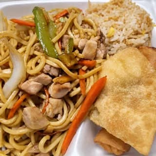 Chicken lo mein with fried rice and an egg roll