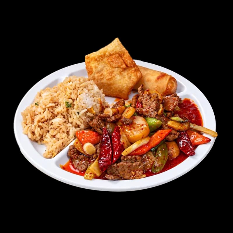 Mongolian beef with onions, served with egg roll and rice