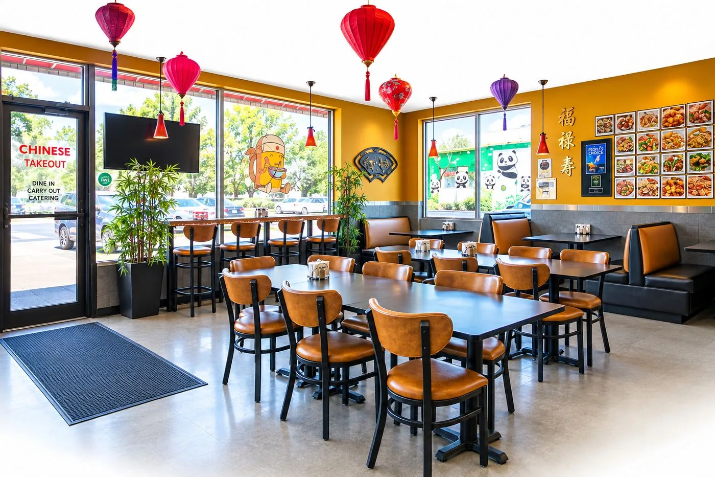 The Tsing Tsao dining room at 2231 E University — warm booths, red lanterns, family-friendly seating