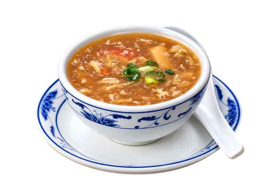 Hot and Sour Soup in traditional blue-lotus porcelain