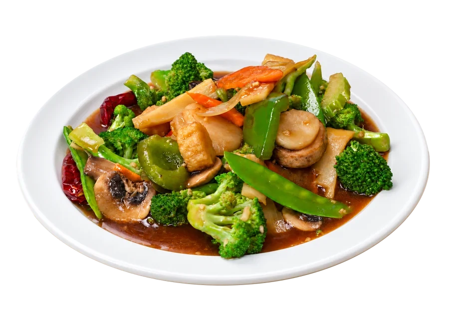 Mixed Vegetables — broccoli, mushroom, snow peas, bamboo, carrots in light brown sauce