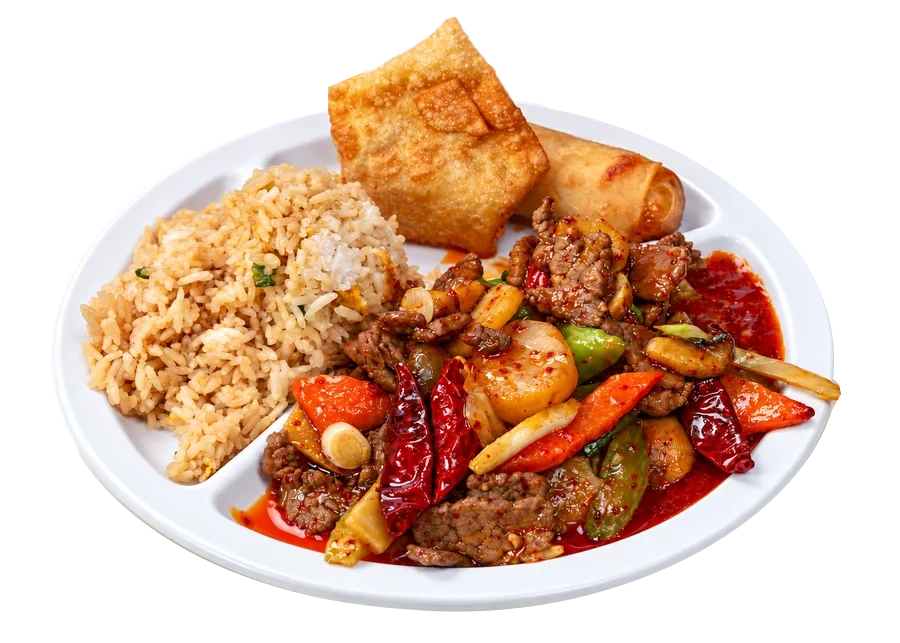 Mongolian Beef Combo — flank steak with green onions over crunchy rice sticks, egg roll and fried rice