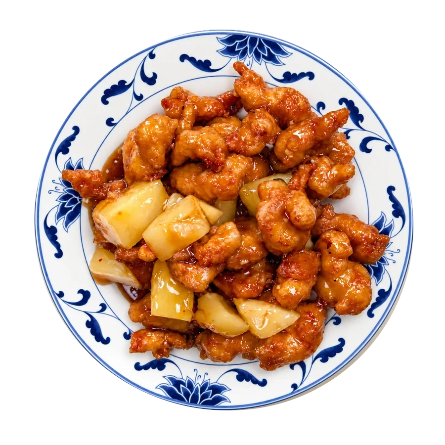 Orange Chicken — breaded white meat chicken in sweet orange glaze with pineapple