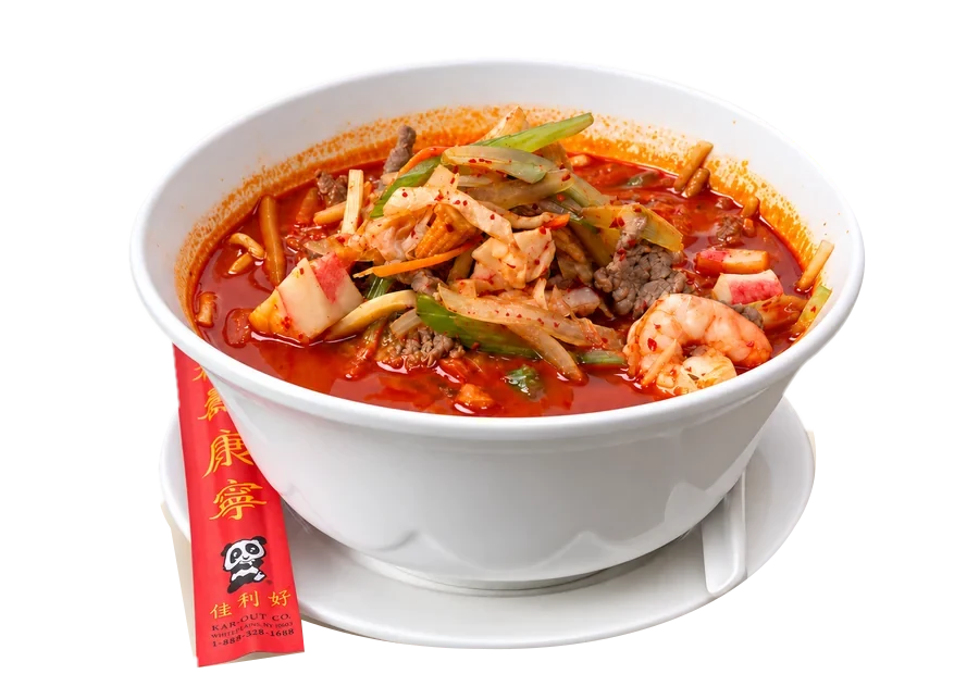 Seafood Noodle Soup — spicy broth with shrimp, imitation crab, and vegetables