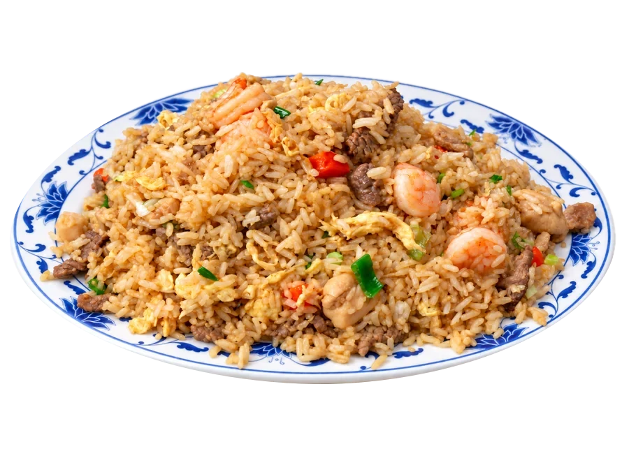 Young Chow Fried Rice — combo of beef, chicken, and shrimp with egg and green onions